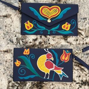Birds and Hearts PA Dutch Inspired Motif hand painted faux leather wristlet
